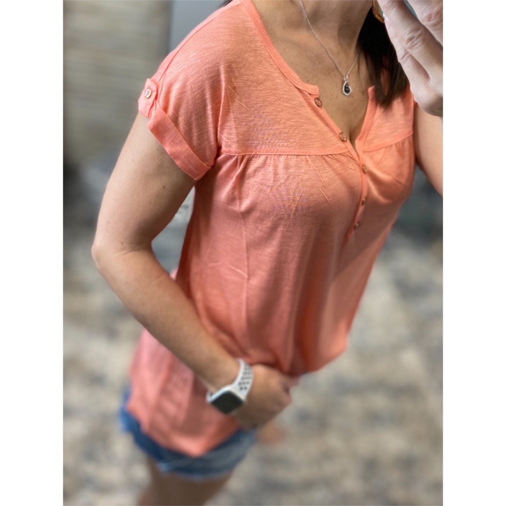 Melange Henley V-neck Floaty Cuffed Tabbed Short Sleeve Floaty Tee Peach 0523 - Picture 7 of 12
